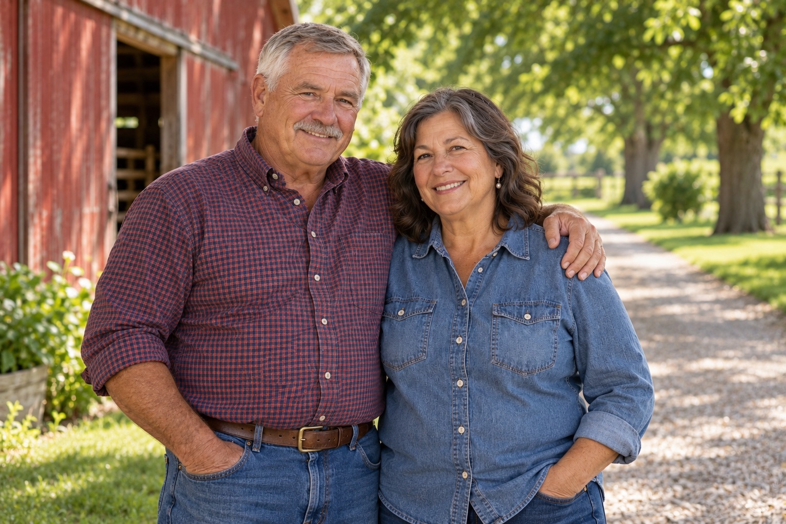 Older farm couple beside a red barn and shaded farm lane