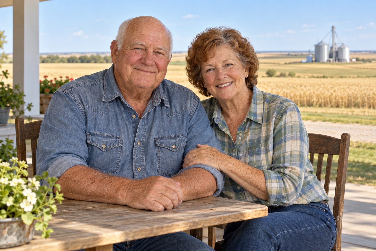 Older couple in farm clothes at a farmhouse porch table