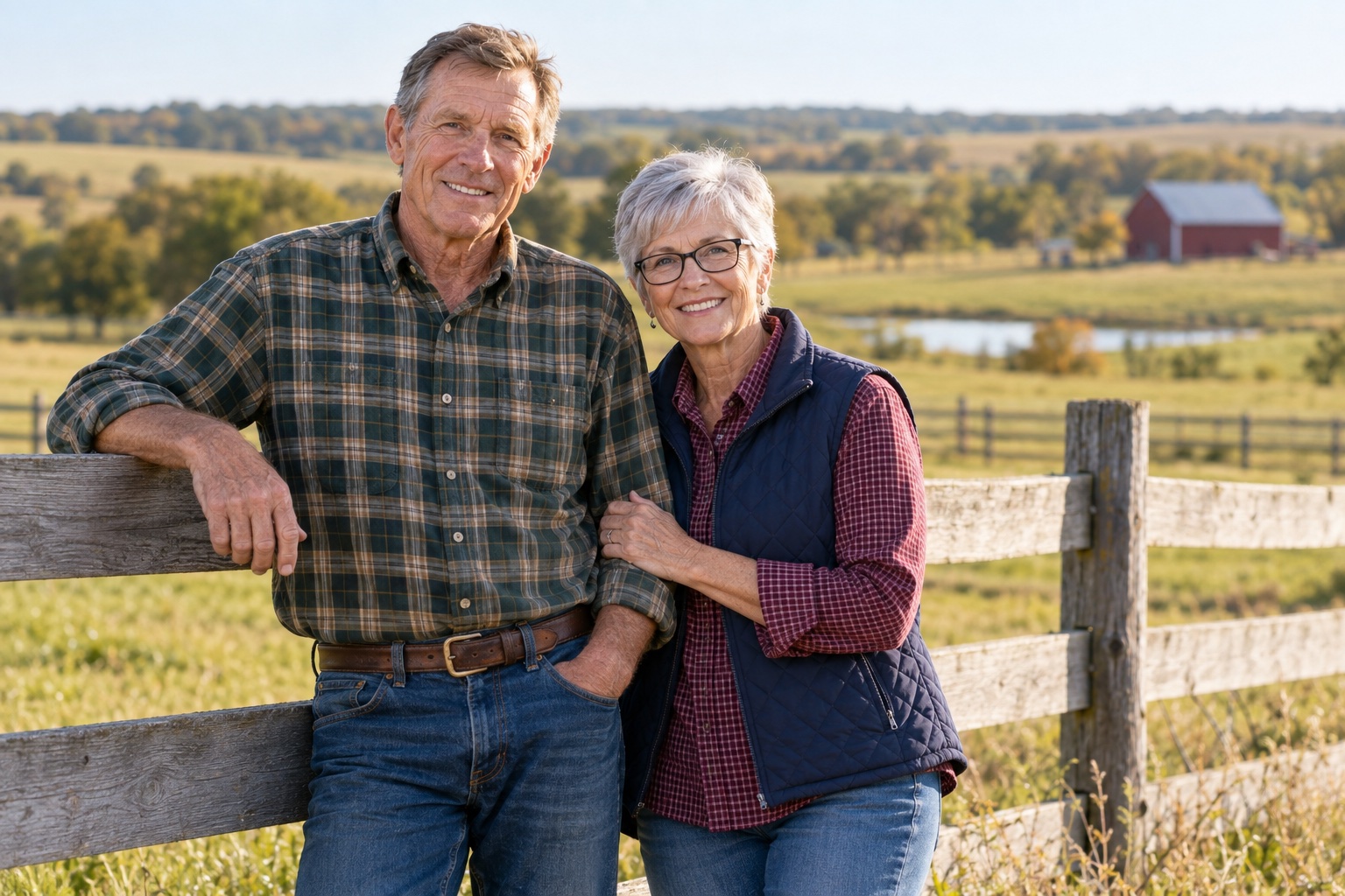 Older farm couple beside a pasture fence in the Kansas countryside